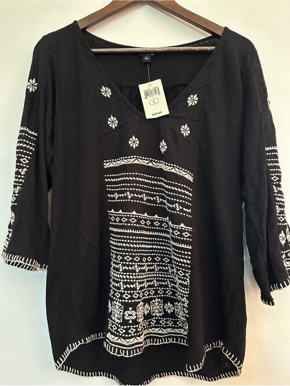 Lucky Brand Black Tunic with White Embroidered Geometric Detail